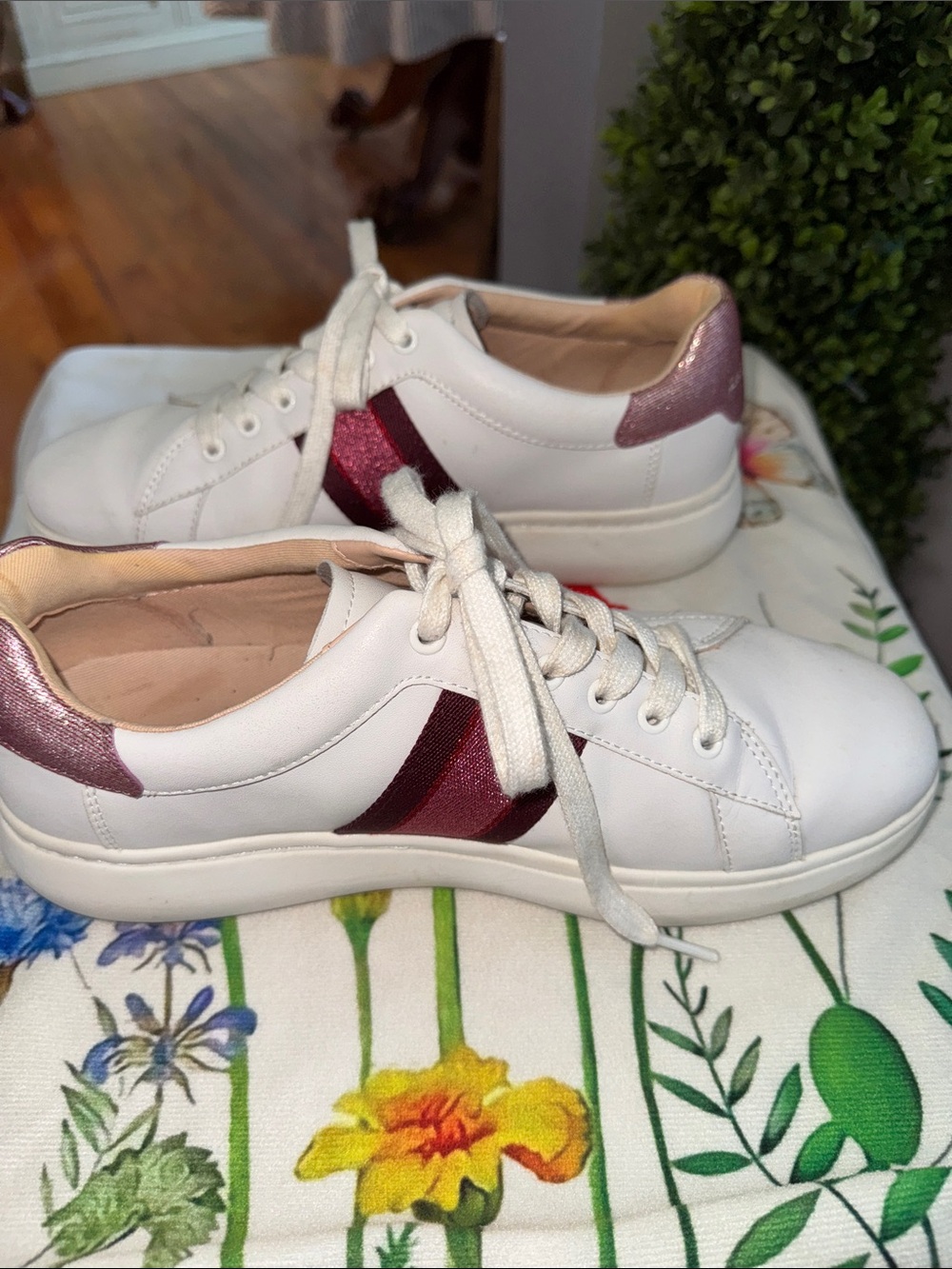kate spade White Leather Sneakers with Burgundy Stripe and Pink Heel